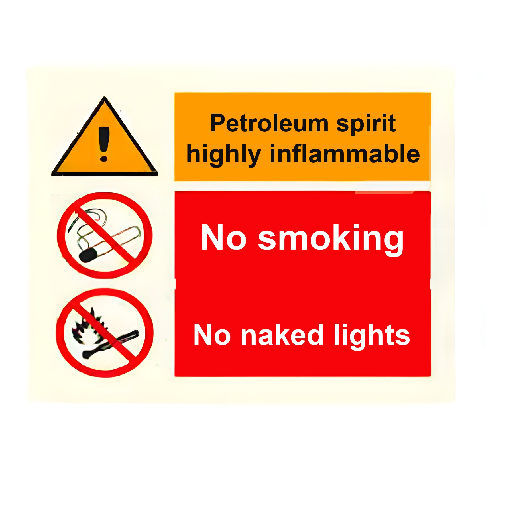C13 — Petroleum spirit highly inflammable - no smoking, no naked lights | Combination Sign | Seasonlite