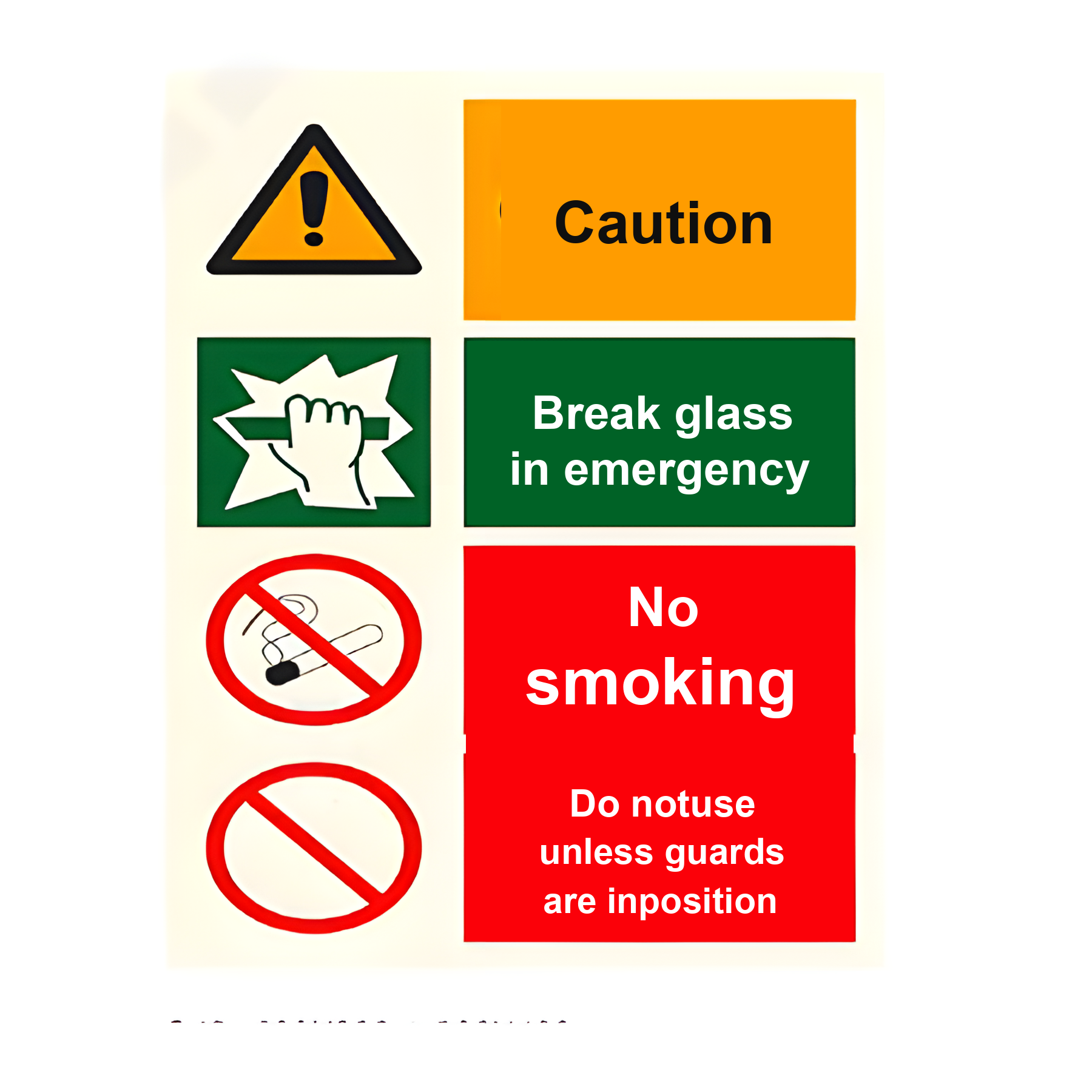 C43 — Caution - break glass in emergency, no smoking, guards required | Combination Sign | Seasonlite
