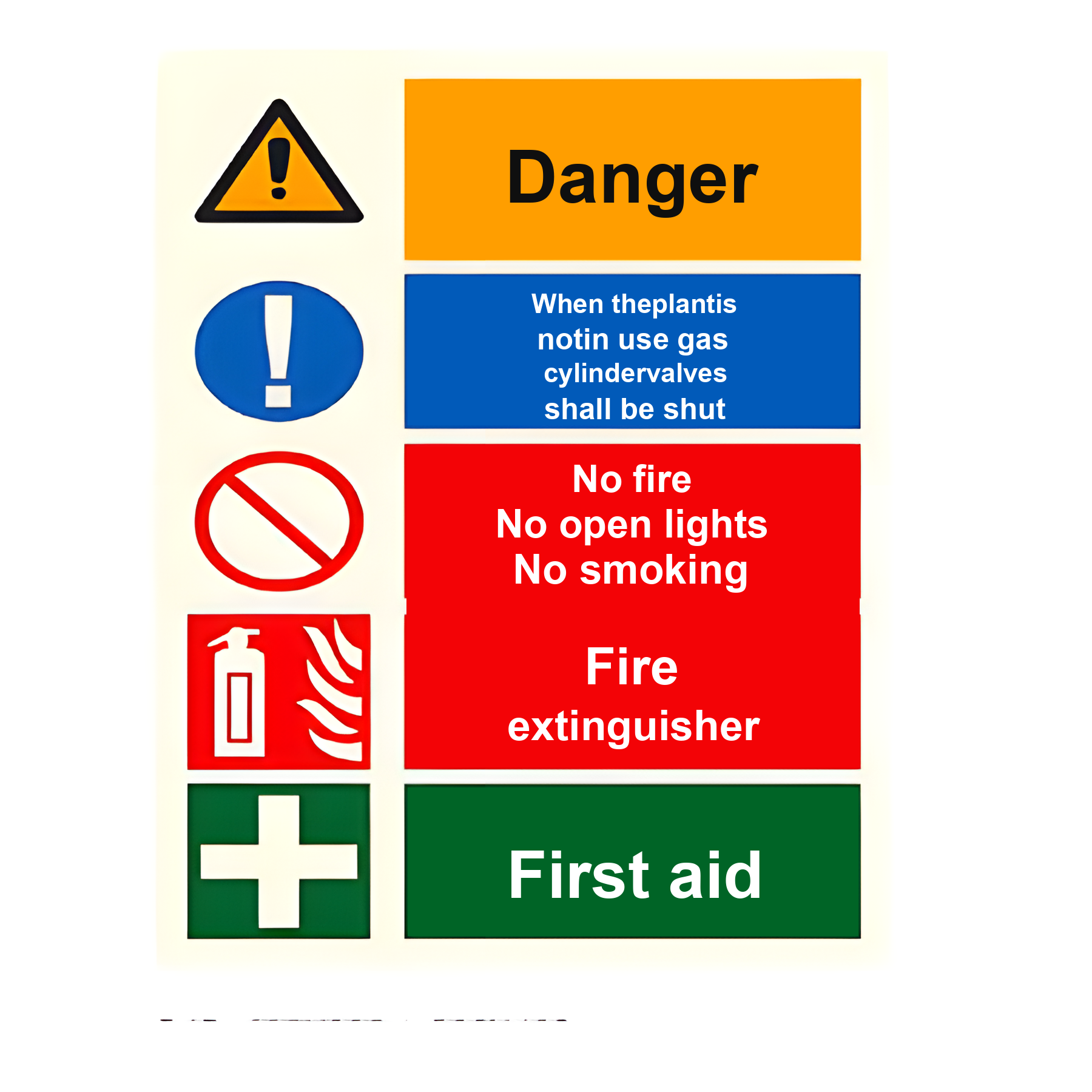 C45 — Danger - gas cylinder valve, fire, extinguisher & first aid multi-panel notice | Combination Sign | Seasonlite