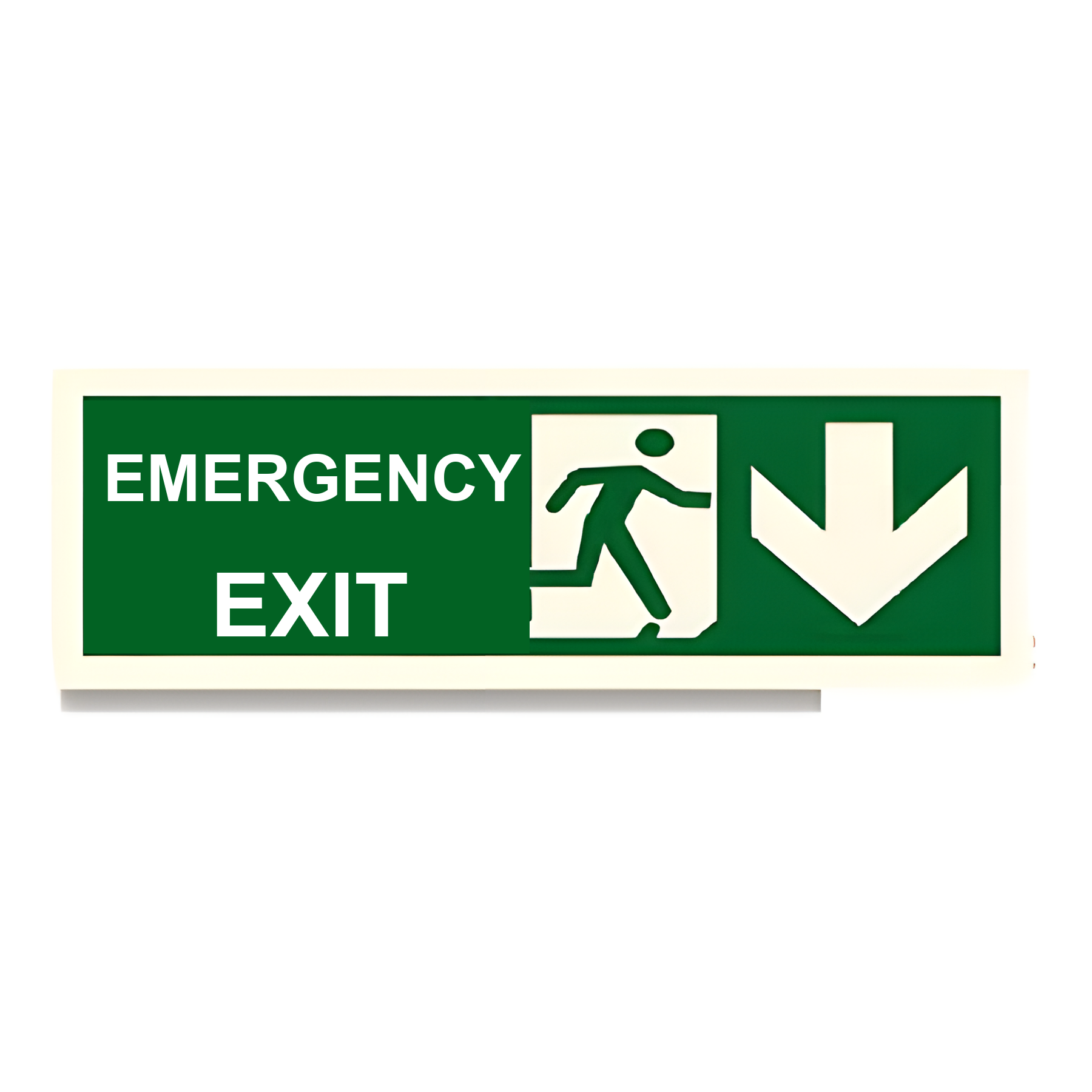 D80 — Emergency Exit + running man + arrow down (mirrored) | Direction Sign | Seasonlite