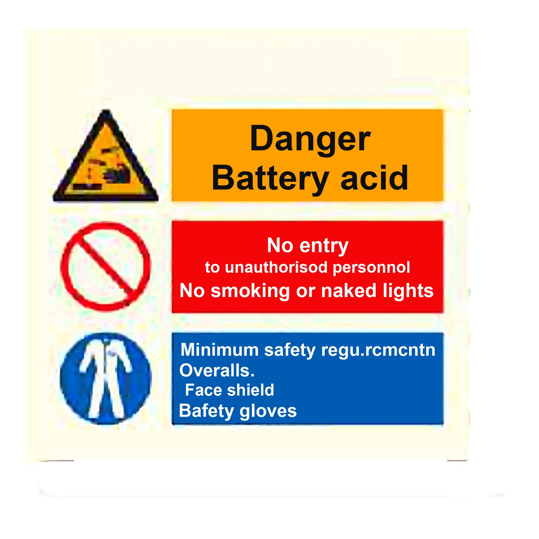 SI02 — Battery Locker - battery acid danger, no smoking/naked lights, PPE required | Space Identification Sign | Seasonlite